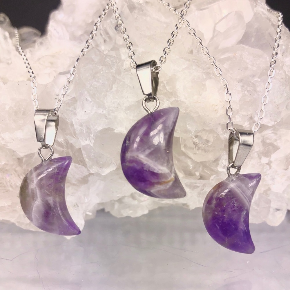 Real Genuine Chevron Amethyst Moon Crystal Necklace on 925 Silver chain